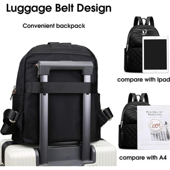 Backpack for Women, Nylon Backpack Purse Black Small Daypack (Black Quilted)